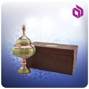 شکلات خوری بزرگ مس و خاتم کاری 30 سانت آقاجانی با جعبه ام دی اف چرمی