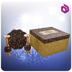 بشقاب لب بری 20 سانت و دو گلدان صراحی 16 سانت مس و الماس تراش با جعبه ام دی اف گالینگور (کد 60335)